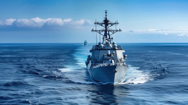 Military naval ships on mission patrolling ocean waters, demonstrating maritime strength and global defense capabilities. Naval force and sea power.