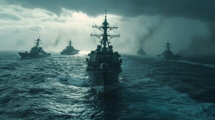 Naval fleet on strategic mission under overcast skies showcasing military power and defense readiness. Naval forces and maritime strategy. - obrazy, fototapety, plakaty