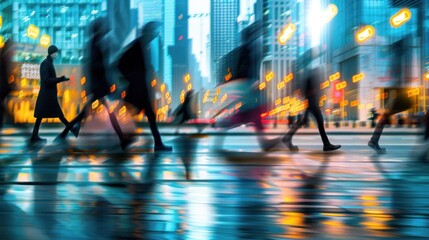 Dynamic urban life captured with motion blur of pedestrians crossing busy city street at evening rush hour. Urban development and transportation.