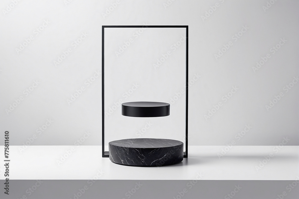 Poster black podium on white background for display product material from black stone can be use for presen