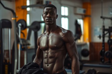 Fototapeta na wymiar Robust African man sport gym. Training workout. Generate Ai