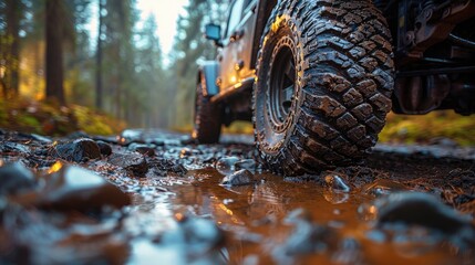 4x4 vehicle off-roading in a forest puddle