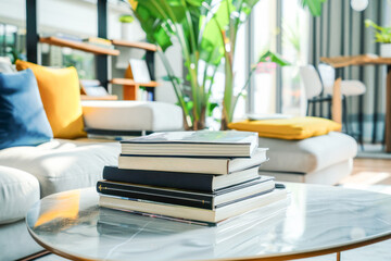 Close-up of books on a coffee table in a modern apartment interior