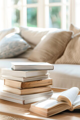 books in a modern apartment interior in white and beige tones