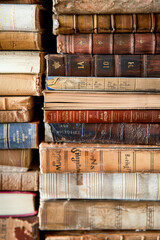 close-up of a stack of old books