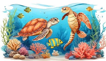 Cute-Cartoon-Animals-Underwater-Fish-Turtle-Sea- 2