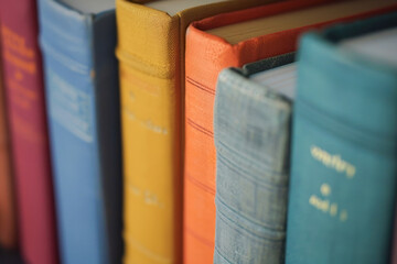 close-up of colorful books. Book spines
