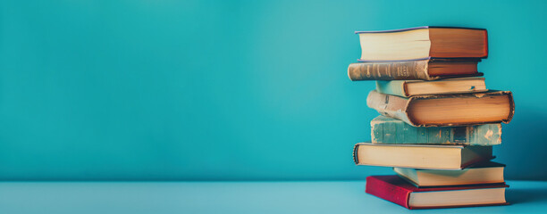 books on a blue plain background. Banner with space for text. Knowledge day, back to school