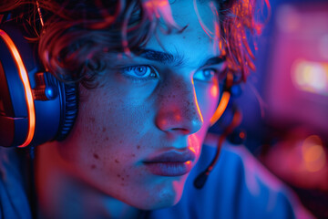 Teenager gamer wearing headphones and playing online video games in neon light