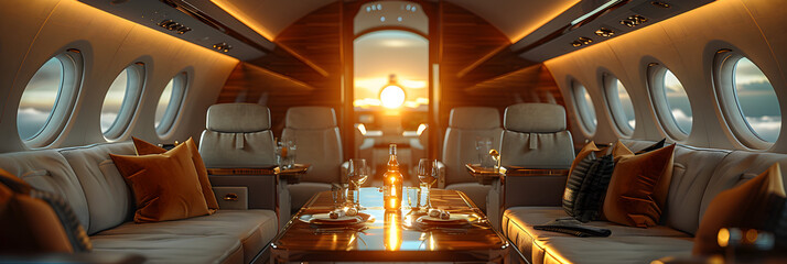 Luxury interior in the modern business jet,
Interior view of a super luxury private jet - obrazy, fototapety, plakaty