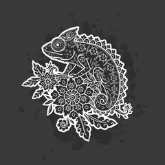 Chameleon mandala. Animal Vector illustration Ornamental flower in Zen boho style. Antistress lizard drawing. Black and White - 775813054