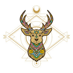 Deer mandala. Animal Vector illustration Ornamental flower in Zen boho style. Retro Magic drawing gold sacred geometry - 775813236