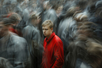A man in red standing still in the middle of a crowd of people walking blurred by movement