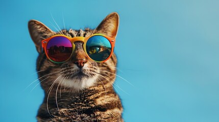 Cat in rainbow sunglasses against sky blue