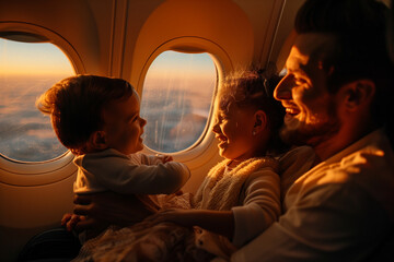 Happy father sitting near the window, he holding two little children in his arms, traveling by plane together.