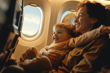 Happy mother sitting near the window, she holding a baby in her arms, traveling by plane together. - Powered by Adobe