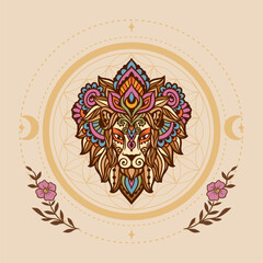 Lion mandala retro. Vector illustration. Flower Ethnic drawing. Leo animal nature in Zen boho style. Coloring page, hippie style - 775813655
