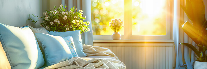 Bright and Cozy Home Interior with Soft Pillows and Warm Sunlight, Creating an Inviting Space for Relaxation