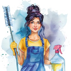 Portrait of cleaning service worker with professional cleaning kit on white background. Watercolor illustration generated with AI 
