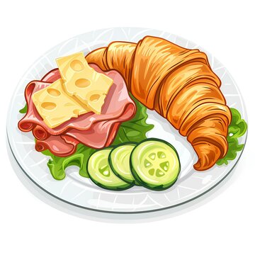 Croissant,cheese,latuce and cucumber on a plate on white background,cartoon illustration generated with AI	