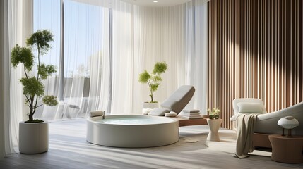 Interior of modern living room with round white bathtub, panorama