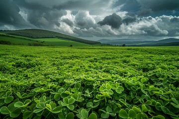 A lush field of green clover stretches towards rolling hills under a dynamic sky