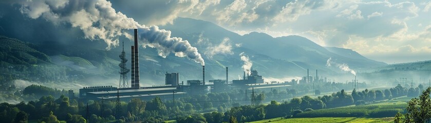 A vivid scene of an industrial factory with smokestacks emitting smoke