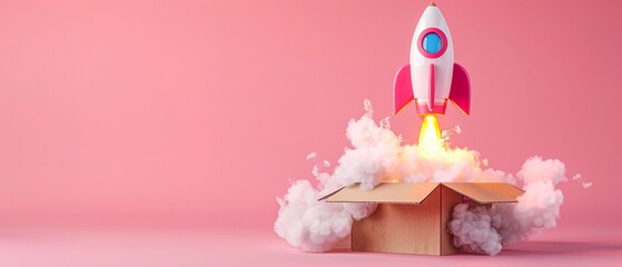 A whimsical concept of a toy rocket blasting off from a cardboard box against a pink background. - obrazy, fototapety, plakaty