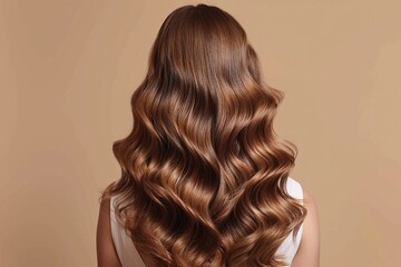 A woman with her back turned showcases her beautifully styled wavy hair - obrazy, fototapety, plakaty
