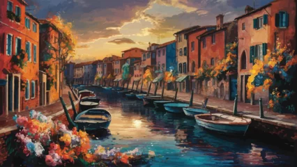 Foto op Plexiglas Tranquil Waters Capturing the Charm of Canal-side Architecture and Serene Sunsets in a Vibrant Painting © Hogr
