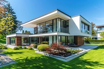 Fototapeta na wymiar Elegant modern home exterior with a perfect lawn and landscaping