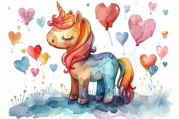 A watercolor painting of a pony surrounded by balloons.