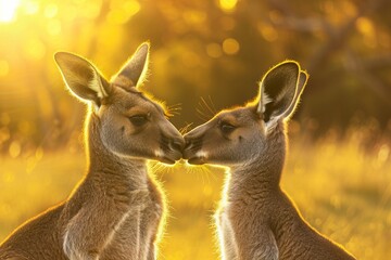 Two kangaroos share a tender moment touching noses in a field bathed in the golden light of sunset - obrazy, fototapety, plakaty