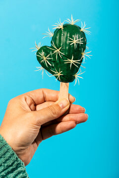 Hand holding a cactus-shaped popsicle against a blue background