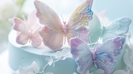 A dreamy pastel-colored birthday cake adorned with delicate sugar butterflies.