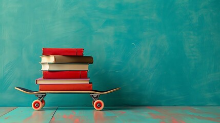 skateboard with a pile of books on top minimal concept of back to school youth and education