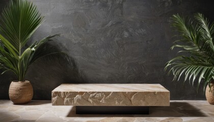 minimalistic empty stone podium with potted plants, for advertising goods and cosmetic products, copy space