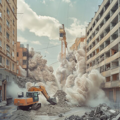 A large excavator works near a destroyed house - obrazy, fototapety, plakaty