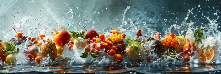 A vivid panorama of various fresh fruits caught in mid-splash, radiating freshness and vitality in water