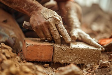Capturing the essence of hard work and precision  a bricklayer expertly lays brick on cement mix on a construction site, embodying the drive to alleviate the housing crisis with affordable housing - obrazy, fototapety, plakaty