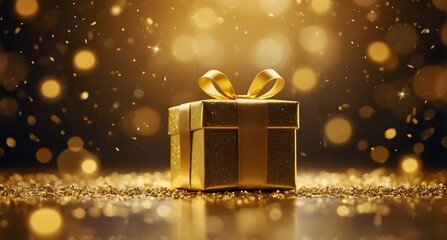 yellow gift with bow on a gold glitter background with bokeh lights and copy space for Christmas or birthday generative ai illustration.