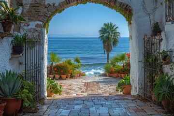 A view of the ocean through an archway.