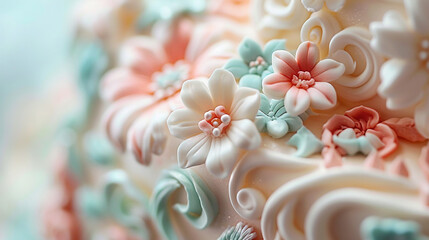 Close-up of intricate fondant decorations embellishing a celebratory birthday cake.