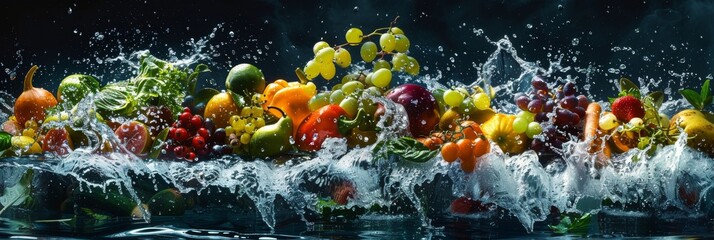 Stunning shot of exotic fruits with a splash, symbolizing nature’s energy and the essence of...
