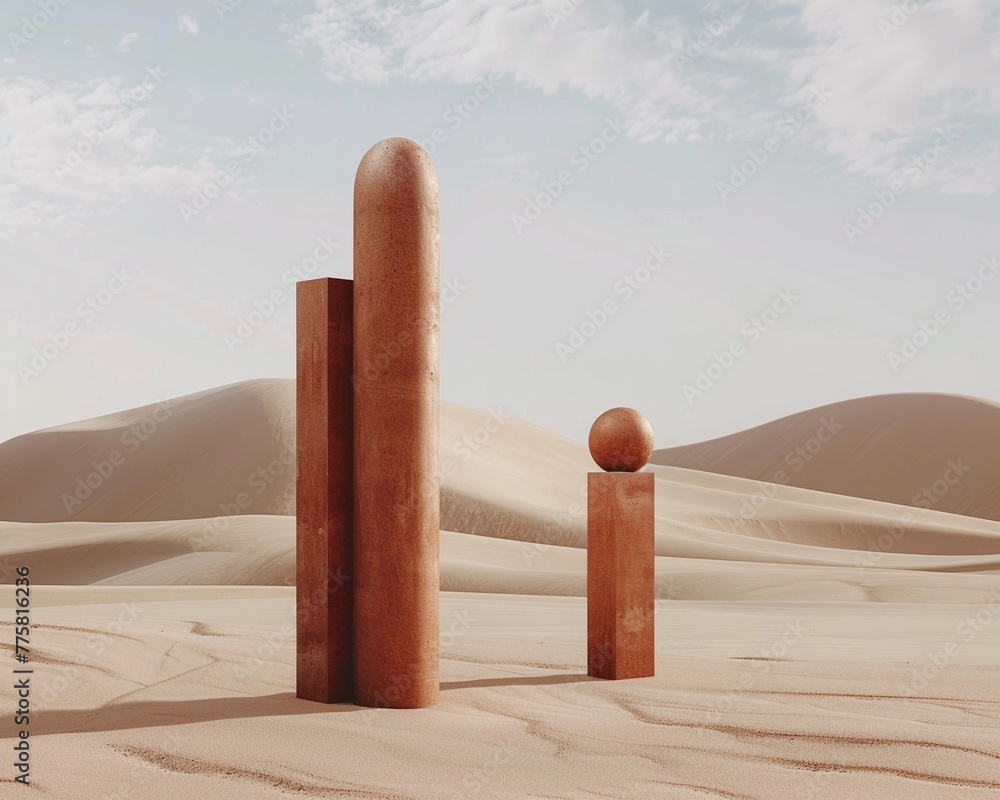 Poster Abstract geometric shapes in a desert setting creating a minimalist and surreal landscape.