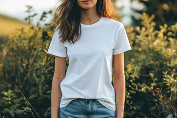 A natural outdoor setting showcasing a woman in a casual white t-shirt and denim jeans, standing amidst a field of wildflowers at golden hour