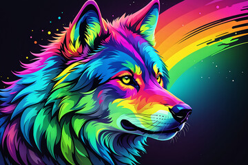 colorful wolf head illustration with rainbow colors on black background - obrazy, fototapety, plakaty