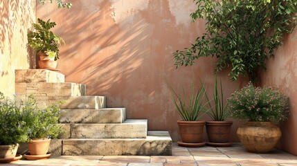 Sunlit courtyard with terracotta pots and a variety of potted plants on stone steps.