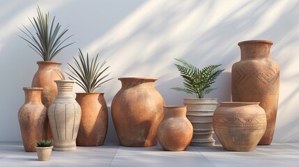 Fototapeta na wymiar Assortment of traditional terracotta pots with plants casting soft shadows in sunlight.