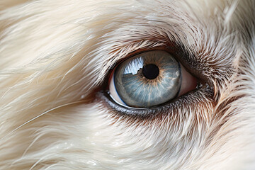 A detailed view of a white dogs eye, showcasing the intricate patterns of the iris and the shiny...